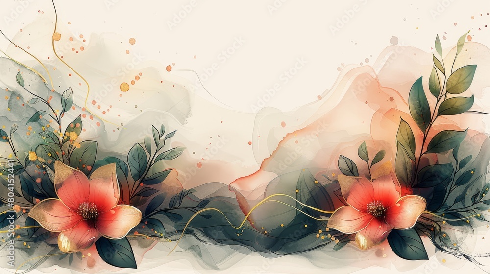 Poster Abstract art background vector. Luxury minimal style wallpaper with golden line art flower and botanical leaves. Organic shapes. Watercolor. Generative AI.