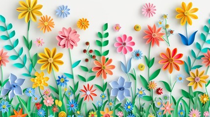 A quilling banner enriched with paper flowers blooms vibrantly, encapsulating the essence of spring and renewal, Template paper art concept with copy space