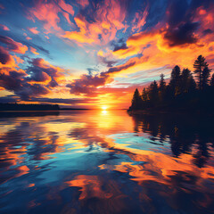A colorful sunset reflected in calm water. 