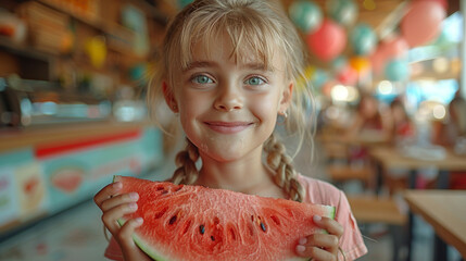 Little Girl Holding a Piece of Watermelon