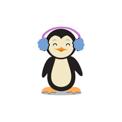 Penguin, cute illustration vector drawing of penguin sitting with surprised face, penguin with orange feet and head phone 