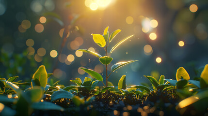  a vibrant young sapling illuminated by the gentle rays of dawn, juxtaposed against a backdrop of blurred bokeh lights, embodying the harmonious fusion of natural beauty and technological artistry.