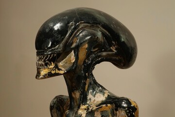 A sculpture of an alien being, molded from gleaming gold for a striking visual impact
