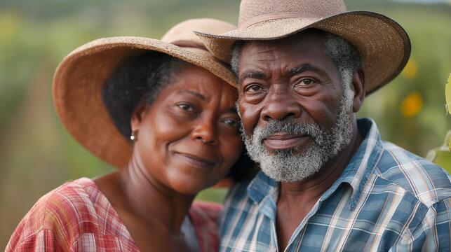 African American family. Couple of senior farmers. An elderly gray-haired man, 75 years old, with his wife, a 70-year-old woman.