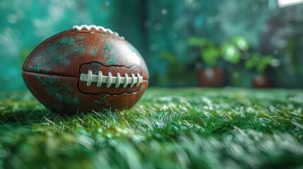 American Football Kickoff Game Start. Close-up Shot of an American Ball Standing on a Stadium Field Held by Professional Player. Preparation for Championship Game. - obrazy, fototapety, plakaty