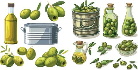 Olive symbols illustration, bottles and bowl