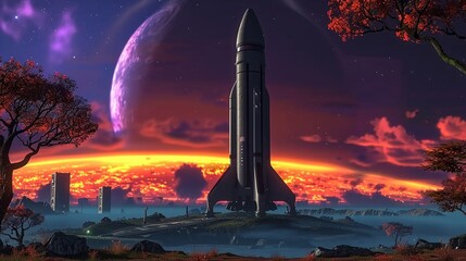 A spaceship poised for launch, set against a stunningly beautiful sky