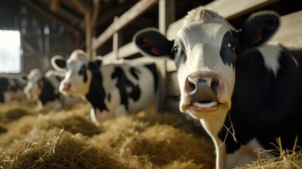Row of cows standing by edge of large paddock inside contemporary animal farm and looking at camera while eating