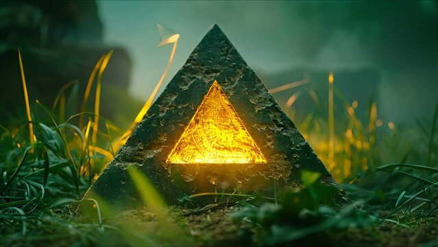 Mysterious pyramid chamber, artifacts glow, Amon Ras statue gaze