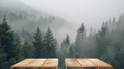 Two wooden planks placed against a misty forest. Generative AI.