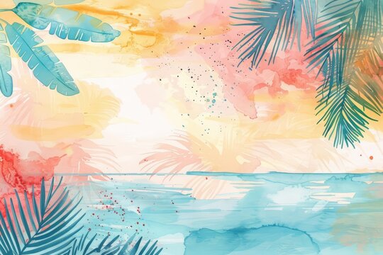 A watercolor invitation design for a tropical themed beach party features vibrant colors and playful elements, Watercolor Blank frame template Sharpen with large copy space