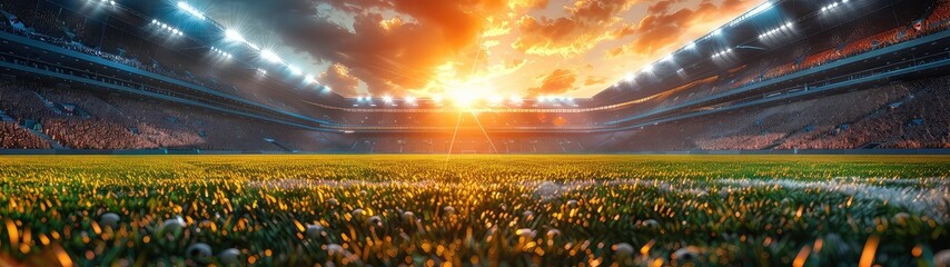 Green field of football professional covering. Grass at the stadium for sporting events. Spotlight...