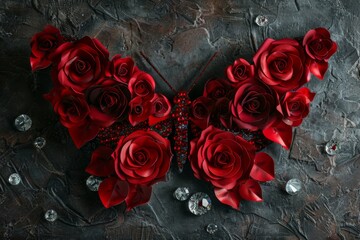 Striking butterfly-shaped arrangement of red roses, newborn backdrop.