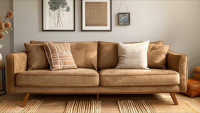 Brown couch, pastel neutral decorative cushions, cozy stylish living room