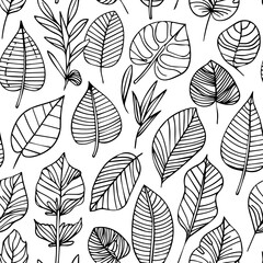 seamless pattern, vector of black and white clipart line doodle set of tropical leaf, isolated on white background
