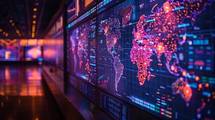 Dive into a global command center visualization where screens display maps and regulatory statuses of Bitcoin across different countries.