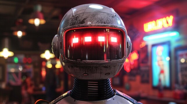 A white, round robot featuring striking red light strips that glow around its head