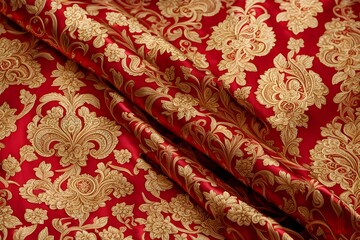 A red and gold fabric with a floral pattern