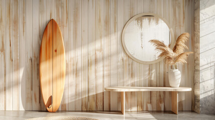 Interior of stylish modern room with surfboard table