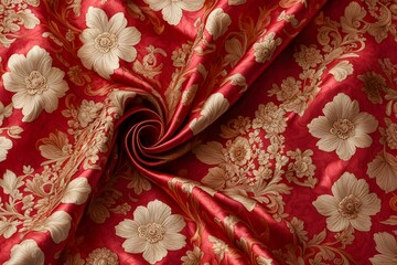 A red and gold floral fabric is shown in a close up