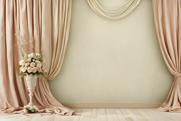 A white wall with a curtain and a vase of flowers in front of it