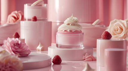 Luxurious layers of skincare products melding seamlessly into a backdrop inspired by the sweetness of a gourmet dessert presentation.