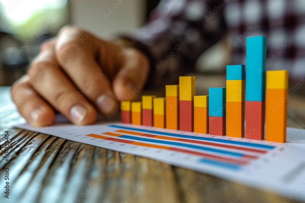 Poster a person analyzing business data and market analysis with colorful bar graphs and data charts on a d