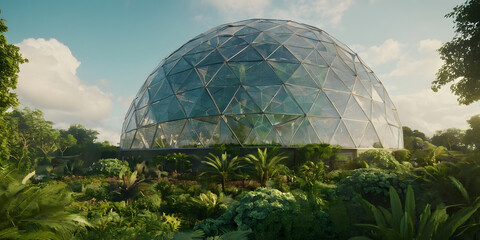 Futuristic geodesic dome ecological architecture with vegetation. Eco-friendly concepts. Eco-architecture. Modern city in future. Ai generated art illustration