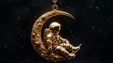An exquisite gold pendant in the shape of a crescent, adorned with a miniature astronaut 8K , high-resolution, ultra HD,up32K HD
