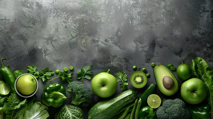 Composition with green fresh fruits and vegetables 