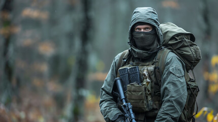 A modern soldier in full equipment and with weapons is on a mission in the forest