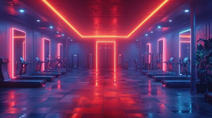 empty fitness room for sports with treadmills, dumbbells, red and blue neon lights