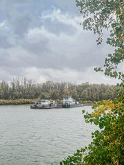 Tugboats on the river with an overcast sky and autumn trees on the shore