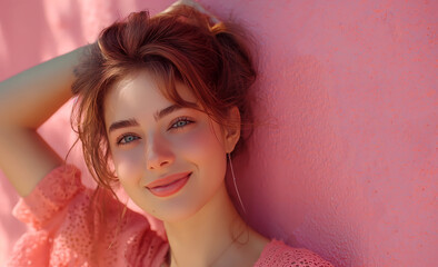 A young woman happy smiling to camera on pink pastel wall. People affection and care concept. Advertising concept of healthy lifestyle and self-care. Soft flawless skin