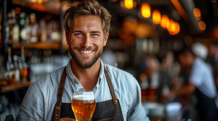 Young brewer wearing a leather apron is testing beer at a modern brewery