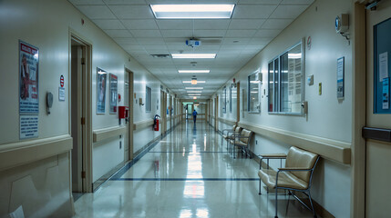 Modern Hospital Corridor with a Lone Healthcare Worker Walking Away