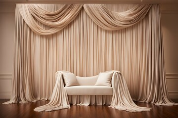 A white couch is draped in curtains and is sitting in front of a wall