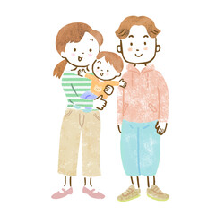子供が1人いる3人家族の全身手描きイラスト