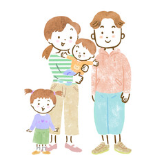 子供（男女）が2人いる4人家族の全身手描きイラスト