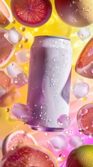 can mockup, beverage mock up with fruits background, soda can mockup, Plain white colour 355ml can, floating beverage can mockup with colorful background with ice cubes