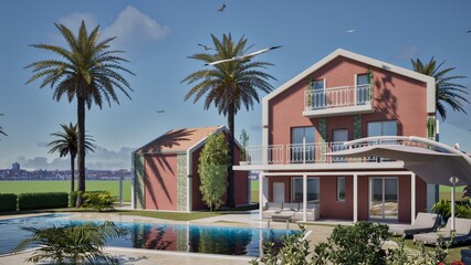 Fototapeta premium Modellazione e render 3D di edificio residenziale con piscina