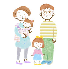 子供（女児）が2人いる家族4人の全身手描きイラスト
