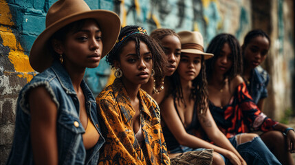 Young, Stylish Group of Friends Posing Against Graffiti Wall in Urban Setting