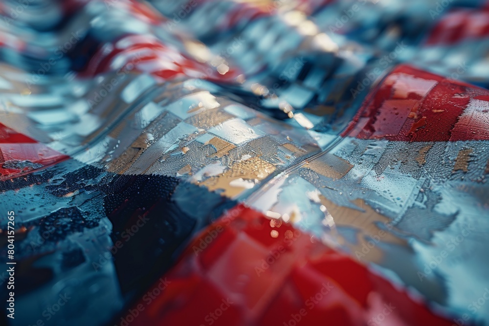 Poster an abstract close-up of a sculpted, metallic surface with a vibrant confluence of red and blue tones