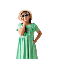 Happy smiling asian little girl were hat and sunglasses posing, Fashion summer holiday concept, Full body isolated on white background