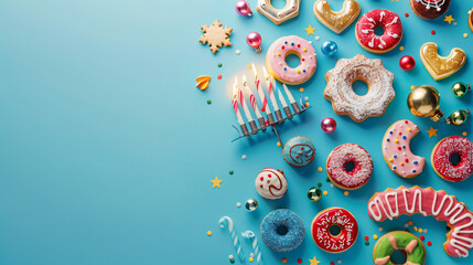 Composition with menorah dreidels cookies and donuts 