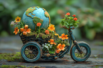 “World Bicycle Day” concept poster. This photograph captures the whimsical concept of global travel through toy design in the style of toy design.