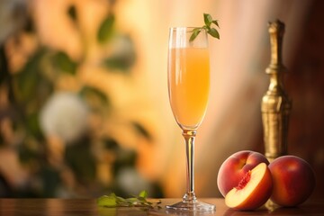 Peachy Perfection: Peach Bellini in a flute, adorned with a slice of fresh peach.
