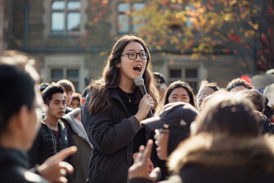 The young woman addresses the crowd with a microphone at an outdoor event in daylight at Student protests 