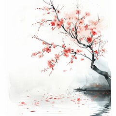 A watercolor painting of delicate cherry blossoms fluttering down onto a quiet pond, Clipart minimal watercolor isolated on white background